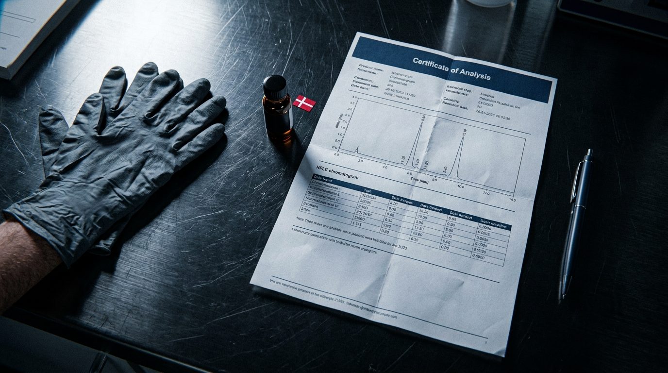 A certificate of analysis and a vial on the bench